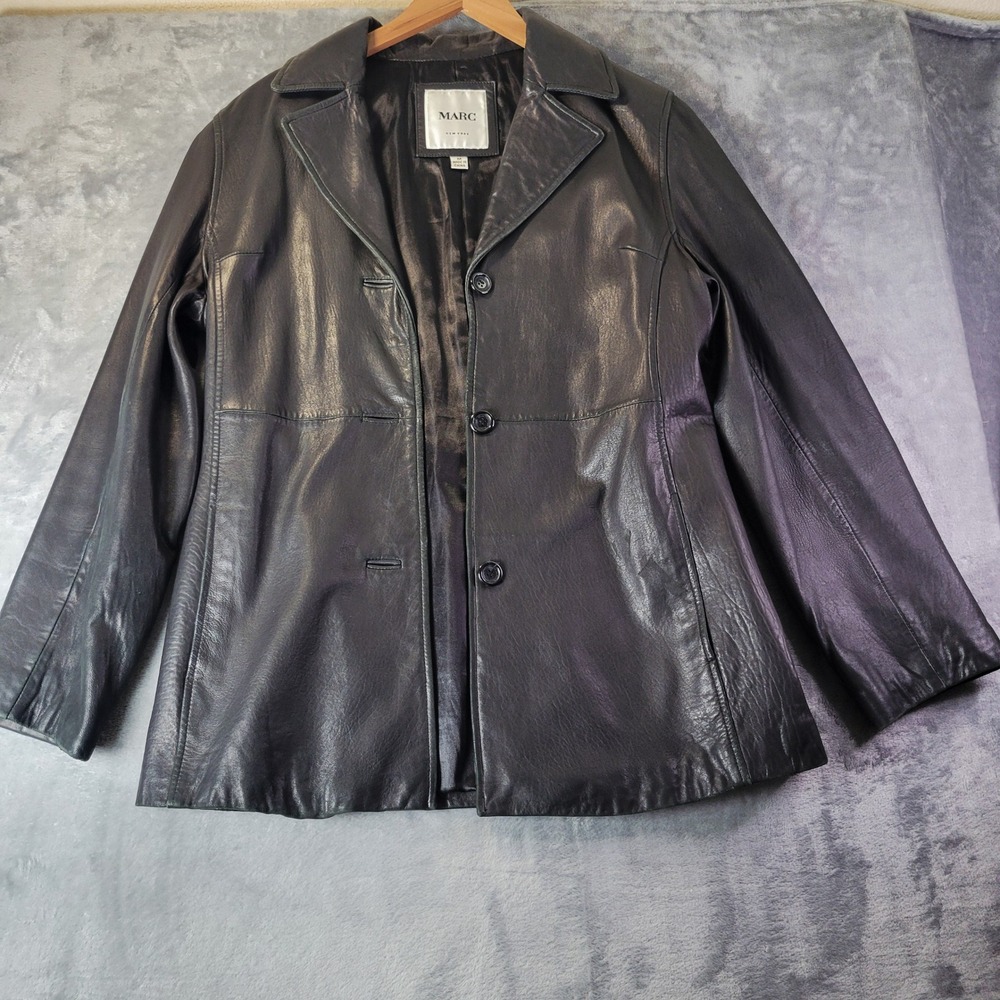 Marc New York Womens Black Lamb Leather‎ Blazer Jacket Size Medium 3 Button Coat